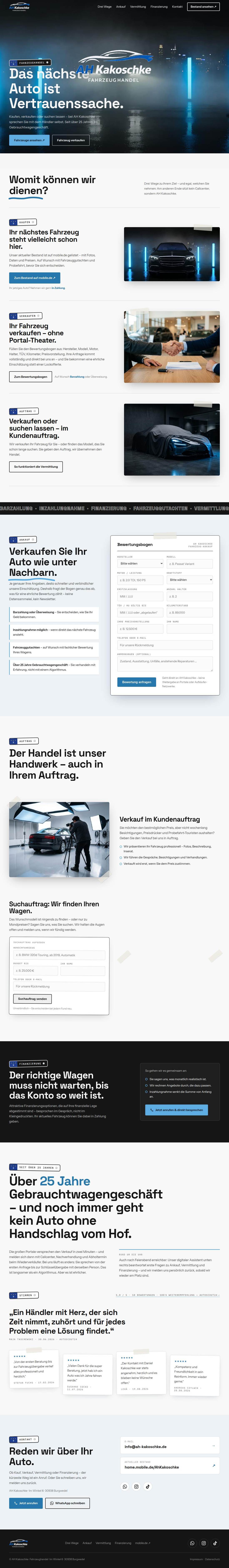 Website-Entwurf für einen Fahrzeughandel: Ankauf, Verkauf im Kundenauftrag, Finanzierung, Bewertungsbogen