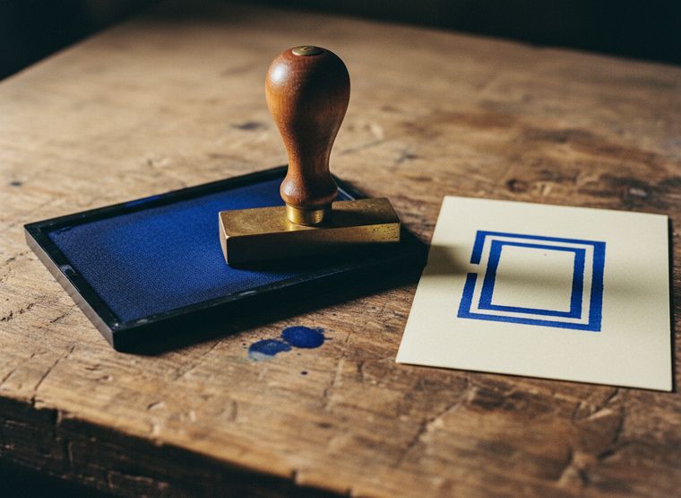 Handstempel und Stempelkissen mit ultramarinblauer Farbe auf der Werkbank