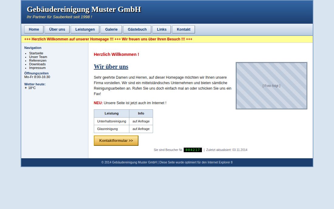 Nachgestellte veraltete Betriebs-Website im Stil von 2014