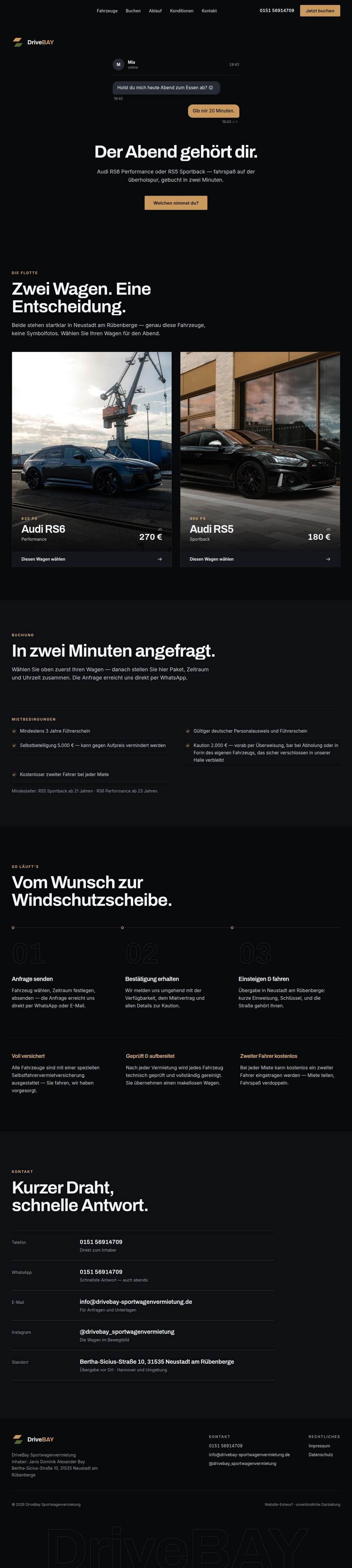 Werkstatt-Entwurf: Buchungsseite einer Sportwagen-Vermietung — dunkles Design mit Fahrzeug bei Nacht