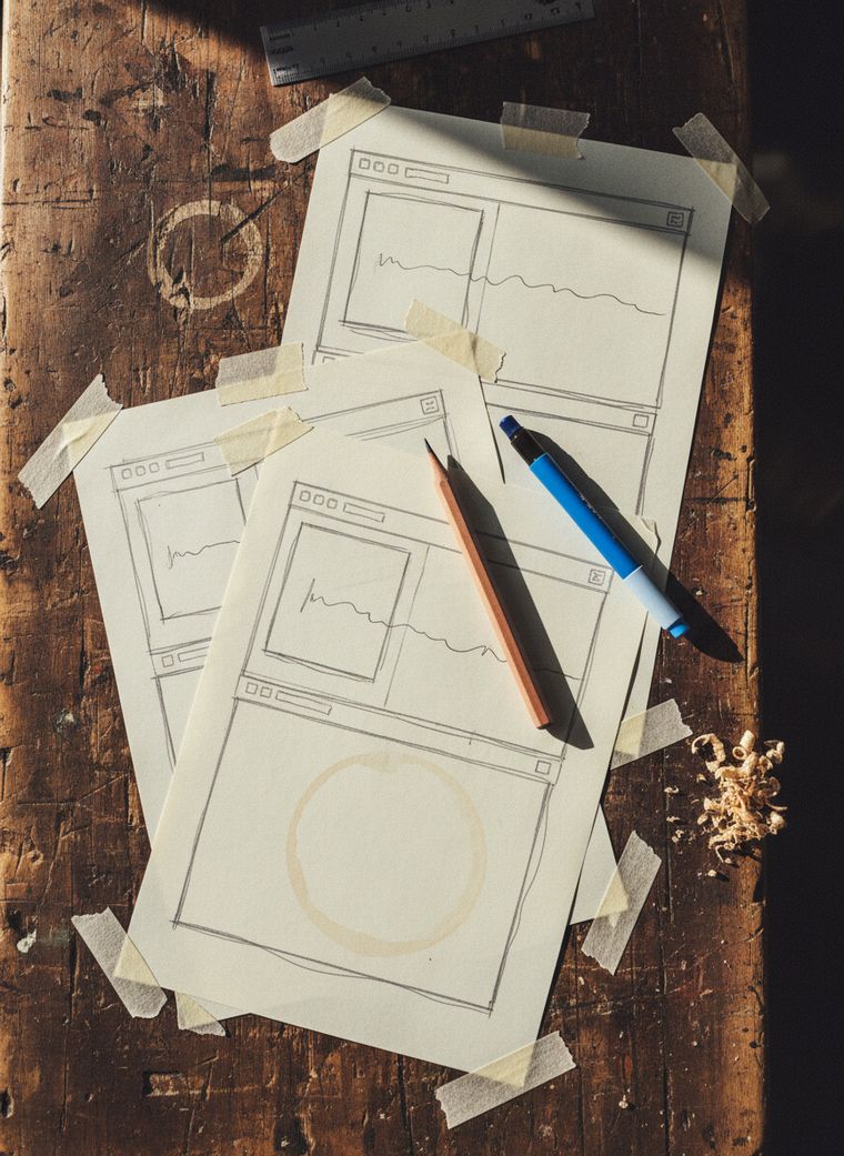 Werkbank mit handgezeichneten Website-Skizzen auf Papier, Bleistift und blauem Marker